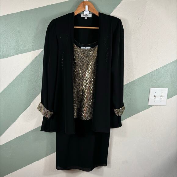 Vintage Patra 2-Piece Evening Dress Sz 6 Petite Black Gold Metallic Holiday USA - Picture 8 of 9